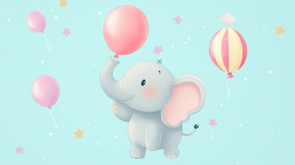 elephant holding balloons at a solid light blue background playful.