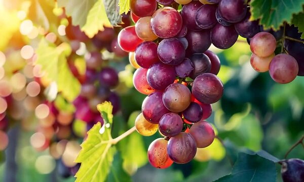 Fresh grapes hanging on the vine, displaying their lush clusters and vibrant colors, embodying the essence of natural abundance