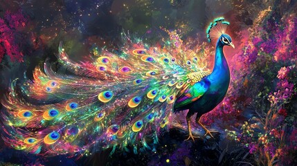 Obraz premium A whimsical peacock with holographic feathers, strutting in a surreal garden
