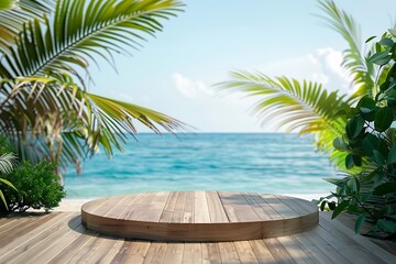 Fototapeta premium Wooden table top background in the beach and tropical seascape