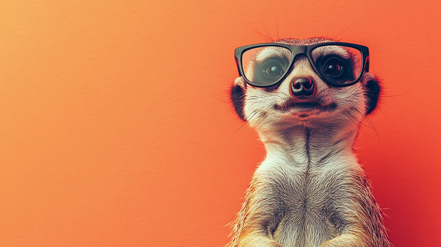 A cunning meerkat wearing oversized glasses, standing alert against a bright coral backdrop