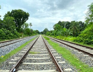 Fototapeta premium A scenic view of railroad tracks extending into the distance, Rail Road tracks going into the horizon, 