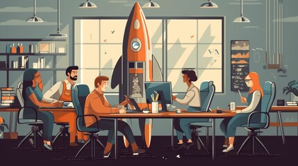 A group of people are sitting at a table with a rocket in the background