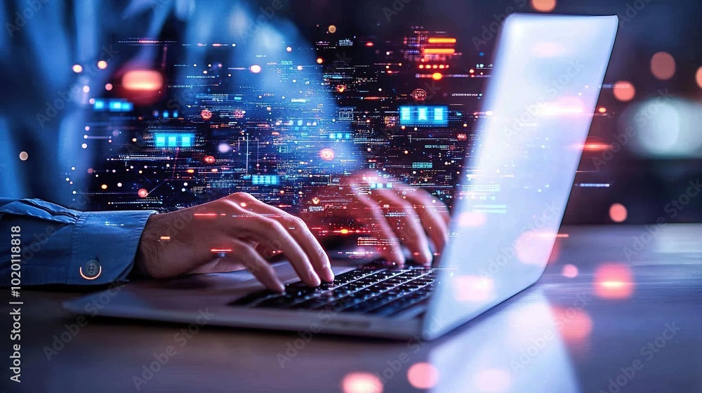Aufkleber digital transformation with laptop and data visualization