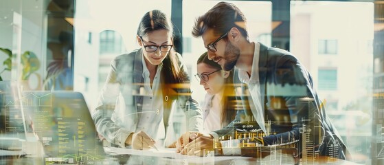 Collaborative business team developing comprehensive marketing strategy in a modern office environment, emphasizing teamwork and featuring double exposure banner design