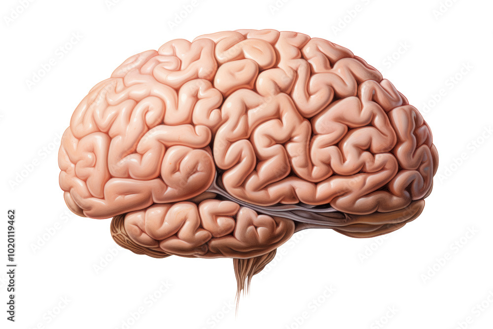 Poster human brain model showing intricate structures and textures, isolated on a white background.