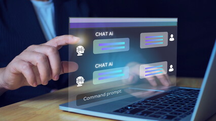 Chat with AI, Artificial Intelligence. man using technology smart robot AI, artificial intelligence by enter command prompt for generates something, Futuristic technology transformation.