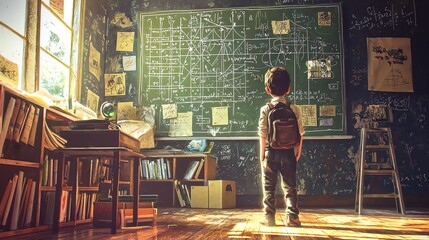 Child pondering at chalkboard in a cozy classroom setting.