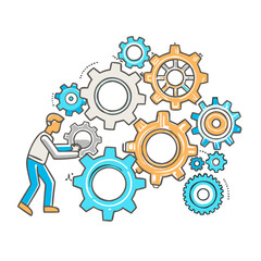 Young male engineer working with gears in a creative style on a bright background