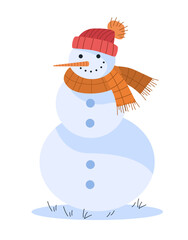 Snowman wearing red hat orange scarf carrot nose and buttons on snow