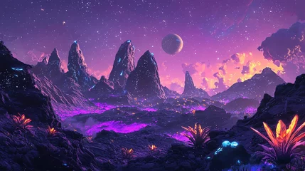 Fantasy landscape with glowing mountains and a distant planet