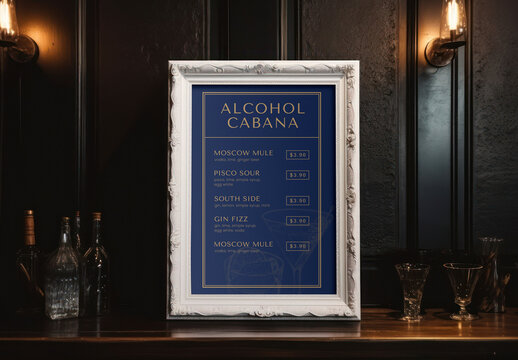 Bar White Framed Menu Sign Mockup With Generative AI