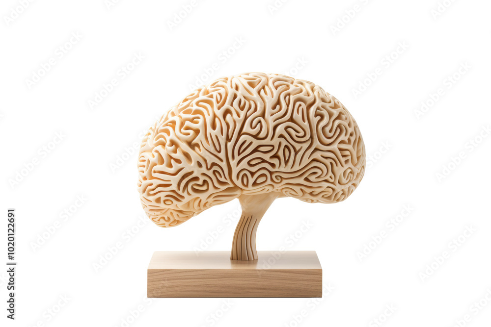 Poster intricate wooden brain sculpture showcasing detailed neural patterns on a white isolated background.
