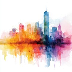Obraz premium Watercolor painting of a city during sunset with skyscrapers melting into vibrant colors, on isolated white background