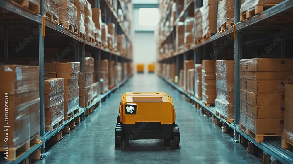 Poster warehouse robot navigating through aisles of boxes