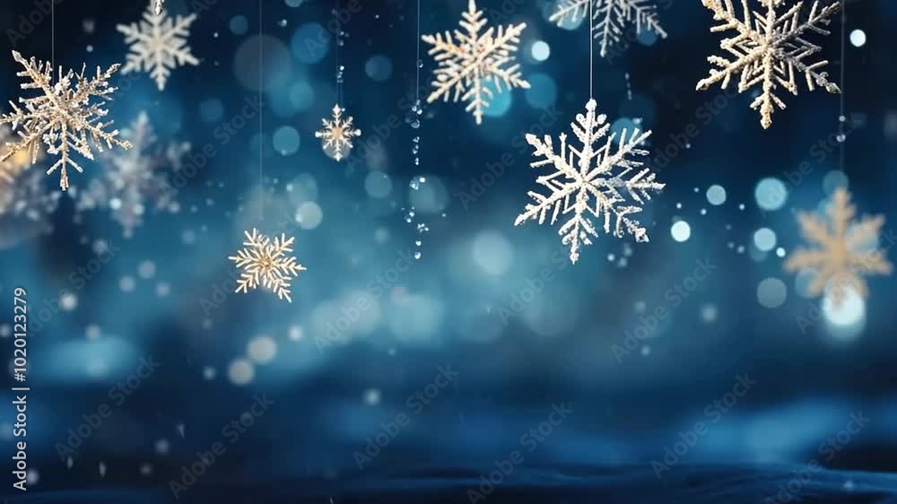 Poster snowflakes are falling on a snow covered surface with a dark blue background and bokeh. the image ev