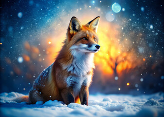 Obraz premium majestic red fox sits gracefully in snow, surrounded by magical winter landscape. soft snowfall and warm glowing background create serene and enchanting atmosphere