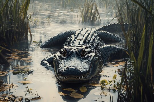 A large alligator resting in a serene, swampy environment surrounded by tall grass.