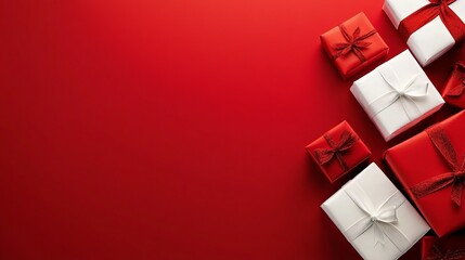 Classic christmas gift presents with red and white wrapping and ribbon bows on a vibrant red background, perfect for holiday celebrations and festive decor inspiration


 - Powered by Adobe