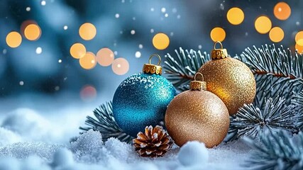 Blue and gold christmas ornaments lie on a snow-covered surface. A christmas tree branch and pine cone complete the festive scene