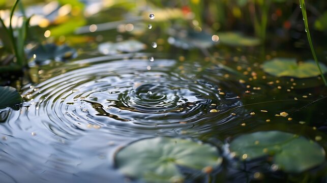 Water drops on leaves of water lily in the garden pond.