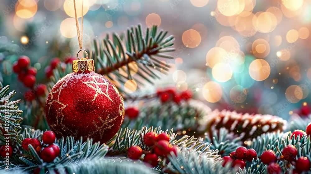 Wall mural christmas balls on the branches of a fir tree on a background of golden bokeh.