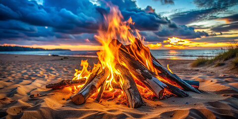 vibrant campfire burns brightly on sandy beach at sunset, casting warm light against darkening sky. scene evokes sense of tranquility and connection with nature