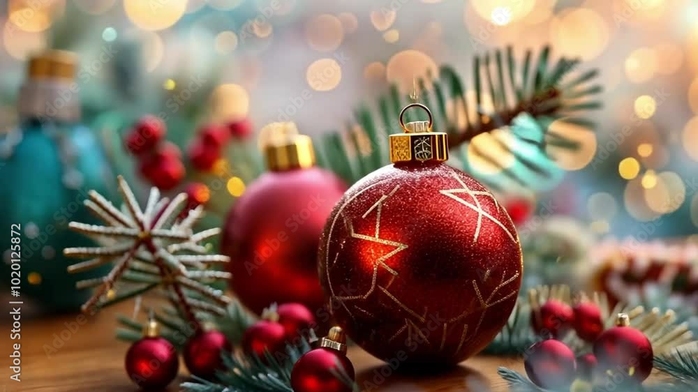 Poster christmas balls on the branches of a fir tree on a background of golden bokeh.copy space
