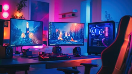 A gamer's setup with two monitors, a PC, keyboard, and