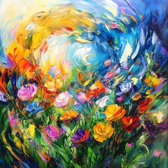 Create a vibrant abstract painting of a meadow, where the flowers seem almost realistic but dissolve into swirling colors