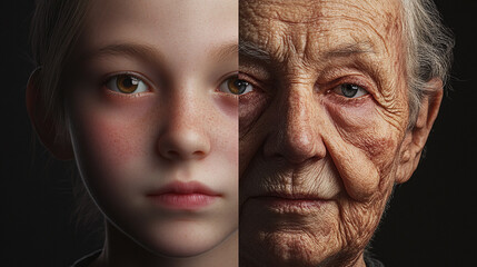 A side-by-side comparison of a young and an elderly face, highlighting the natural progression of aging over the years.