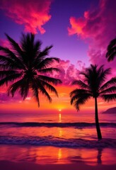 vibrant silhouette palm trees tropical beach sunset bright color gradients, sky, ocean, seaside, clouds, horizon, landscape, warm, light, reflection, evening