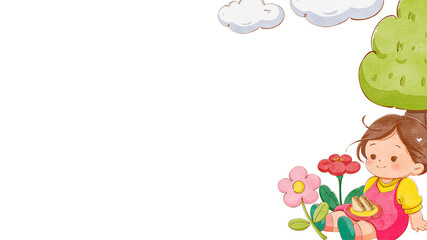 A girl sits playing under a large tree with blooming flowers, enjoying a sandwich on her lap, hand-drawn watercolor painting frame design