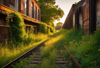 Fototapeta premium artistic perspective abandoned railway tracks surrounded overgrown vegetation industrial remnants photogenic setting, landscape, natural, scenery, tunnel, iron