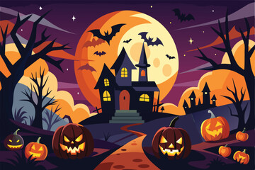 Halloween vector illustration background of celebrating a Halloween party. The scene is filled with a haunted house, pumpkins, bats. Halloween banner design template