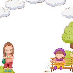 A girl with long hair stands taking photos, while a short-haired girl sits on a bench feeding birds under white clouds, hand-drawn watercolor painting frame design
