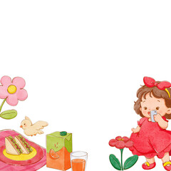 Obraz premium A girl in a red dress takes photos with her phone next to a picnic setup featuring sandwiches and orange juice, surrounded by flowers and birds, hand-drawn watercolor painting frame design