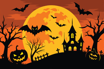 Halloween vector illustration background of celebrating a Halloween party. The scene is filled with a haunted house, pumpkins, bats. Halloween banner design template