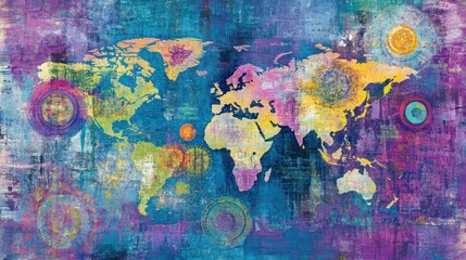 A colorful world map with artistic textures and circular patterns.