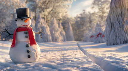 Fototapeta premium Snowman with red scarf in snowy winter landscape