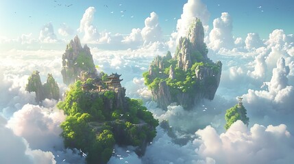 Depict a fantastical, futuristic world where flat, 2D skies stretch over immersive, threedimensional landscapes
