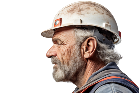 Portrait of an experienced construction worker wearing a hard hat, showcasing determination and commitment to his craft.