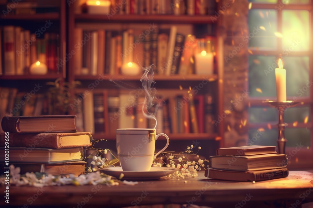Aufkleber a steaming cup of coffee rests on a table among an array of books, enhancing the warm ambience perfe