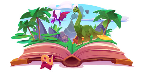 Open book with dinosaurs on jungle landscape. Vector cartoon illustration of prehistoric pterodactyl flying, brontosaurus eating plants, volcano eruption, tropical palm trees, skull and fossils © klyaksun
