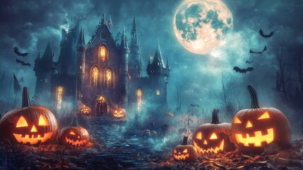 Naklejka premium Haunting Night at the Spooky Castle: A Mystical Encounter with Jack-o'-Lanterns and Bat-filled Skies