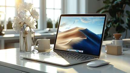 A sleek computer setup in a modern, minimalist workspace, A thin, glossy laptop sits open on a clean white desk, its screen displaying vibrant