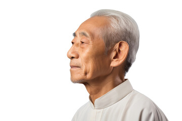 Obraz premium Tranquility & Wisdom: A serene, contemplative portrait of an elderly Asian man, capturing the essence of calm and introspection. He gazes thoughtfully.