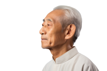 Tranquility & Wisdom: A serene, contemplative portrait of an elderly Asian man, capturing the essence of calm and introspection. He gazes thoughtfully.