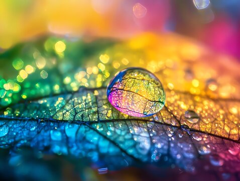Depict a hyperreal photograph of a raindrop on a leaf, with intricate details of light refraction and texture