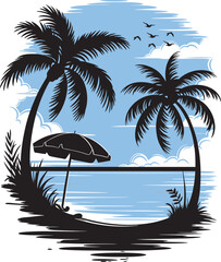 Beach scene with palm and umbrella  silhouette